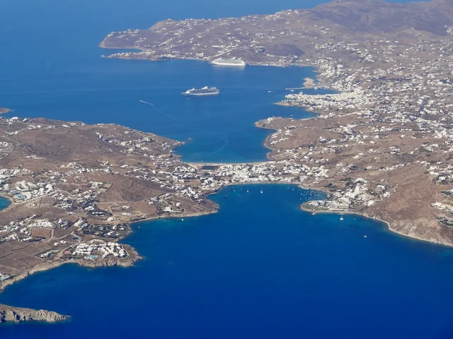 Aerial view of the bays and settlement around Ornos in September 2013