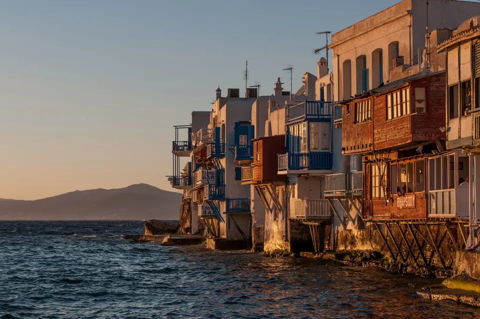 Evening light on the waterfront balconies of Little Venice, Mykonos